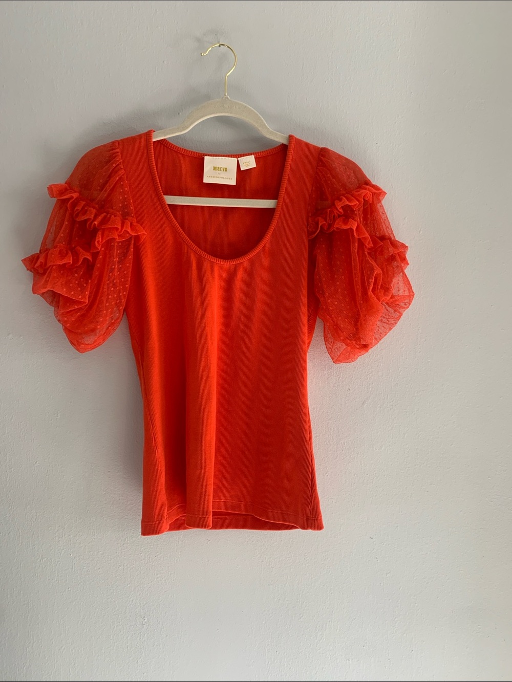 MAEVE by Anthropologie Coral Scoop-Neck Puff Sleeve Top